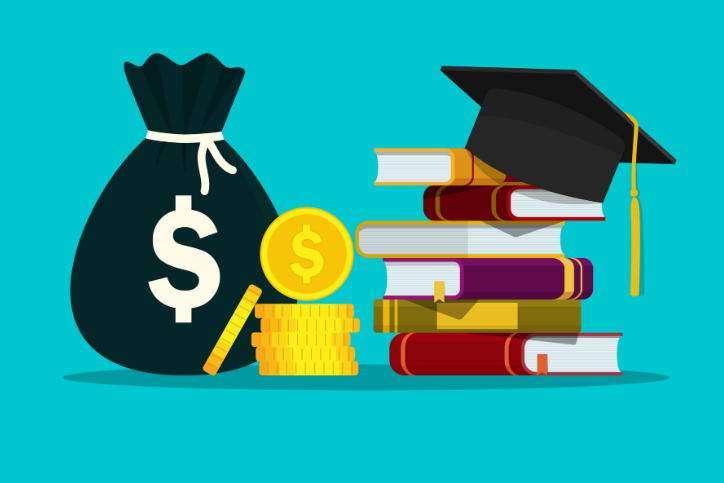 money bag, books, graduation cap and coins 