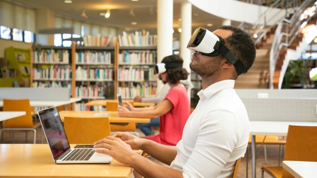 adult students with vr simulator in library